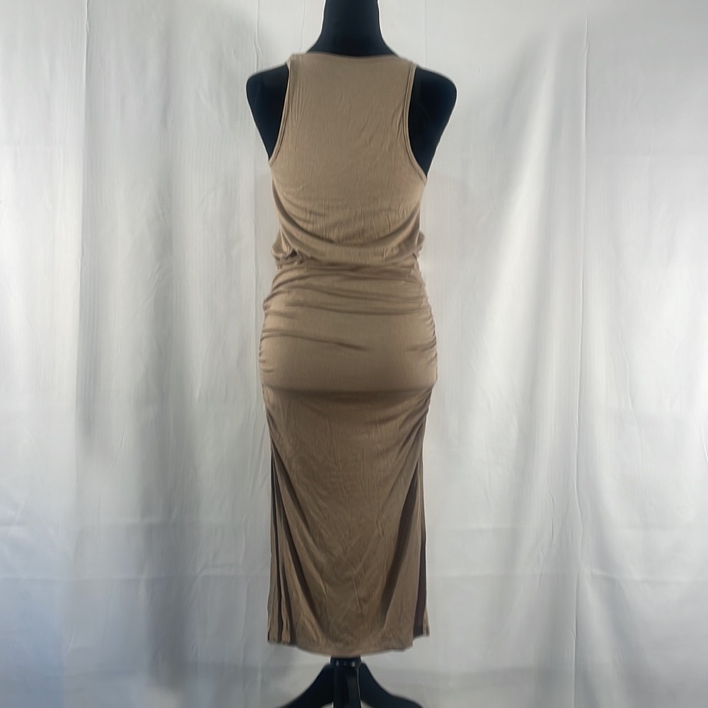 Tan,Fitted, ruched at sides sleeveless maxi dress, scoop neck,small - Picture 5 of 10